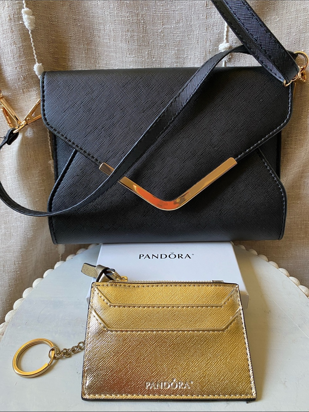 Pandora Black Crossbody Bag with Gold Accent & Gold Card Holder